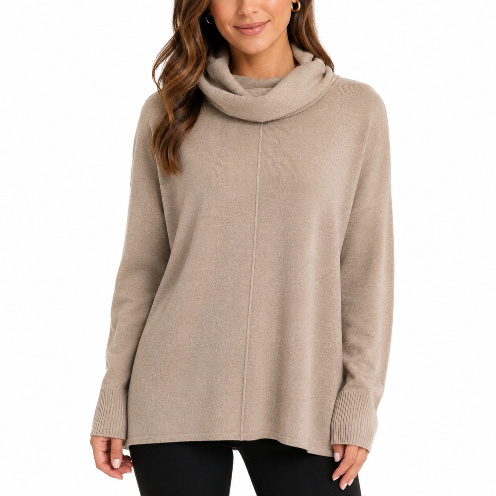 Jaclyn Smith Collection Sweater Wamans L Tan Beige Cowl Neck Tunic Long‎ Sleeve